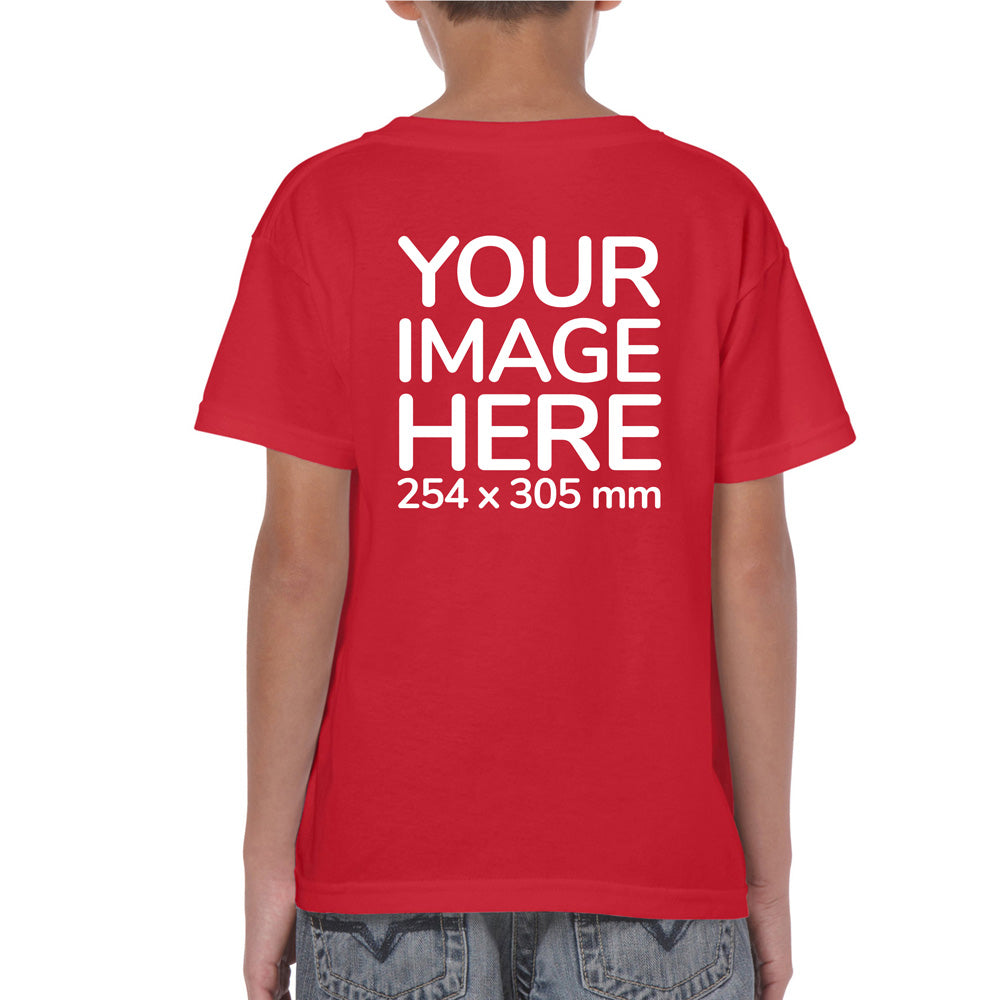 Kid wearing a red T-Shirt, displaying the back side, showing a placeholder image indicating that the Custom Tees can be customised with own design or photo on back side.