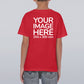 Kid wearing a red T-Shirt, displaying the back side, showing a placeholder image indicating that the Custom Tees can be customised with own design or photo on back side.