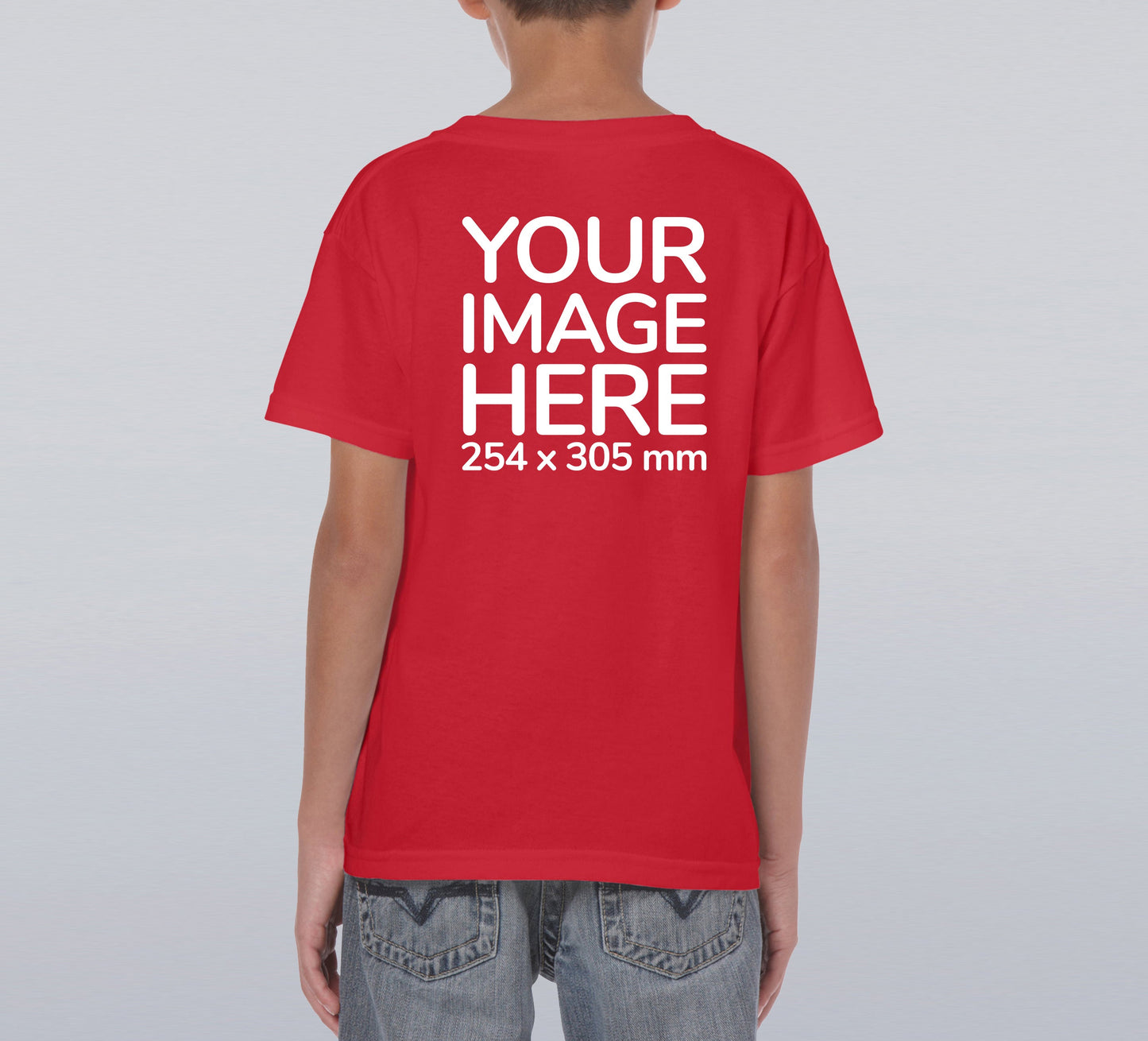 Kid wearing a red T-Shirt, displaying the back side, showing a placeholder image indicating that the Custom Tees can be customised with own design or photo on back side.