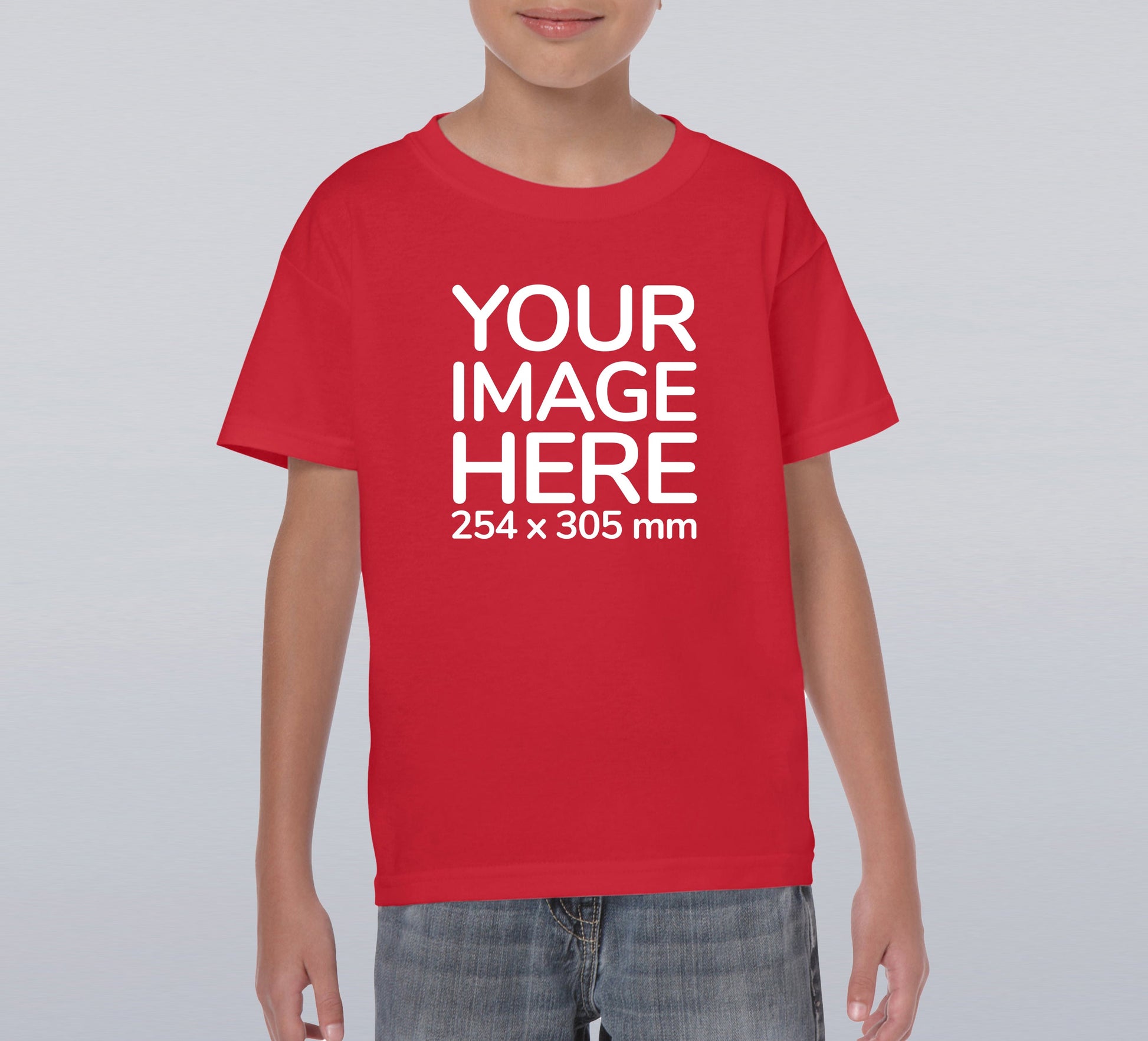 Kid wearing a red T-Shirt, displaying the front side, showing a placeholder image indicating that the Custom Tees can be customised with own design or image on front side.