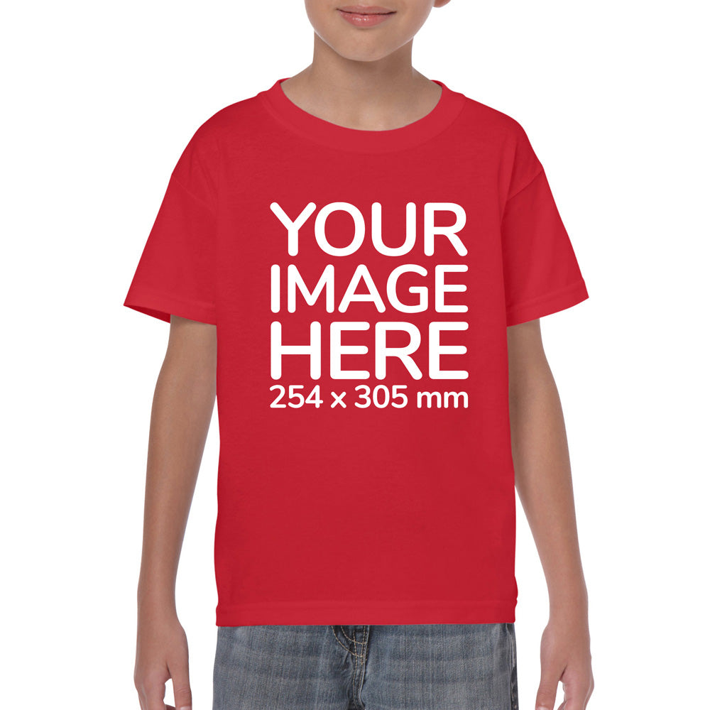 Kid wearing a red T-Shirt, displaying the front side, showing a placeholder image indicating that the Custom Tees can be customised with own design on front side.