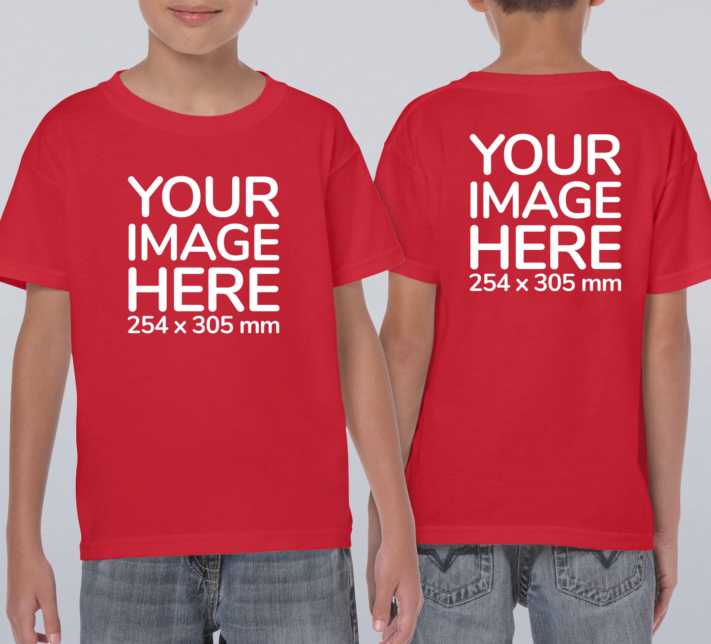 Kid wearing a red T-Shirt, displaying the front and back side, showing a placeholder image indicating that the Custom Tees can be customised with own design on front and back side.