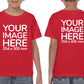 Kid wearing a red T-Shirt, displaying the front and back side, showing a placeholder image indicating that the Custom Tees can be customised with own design on front and back side.