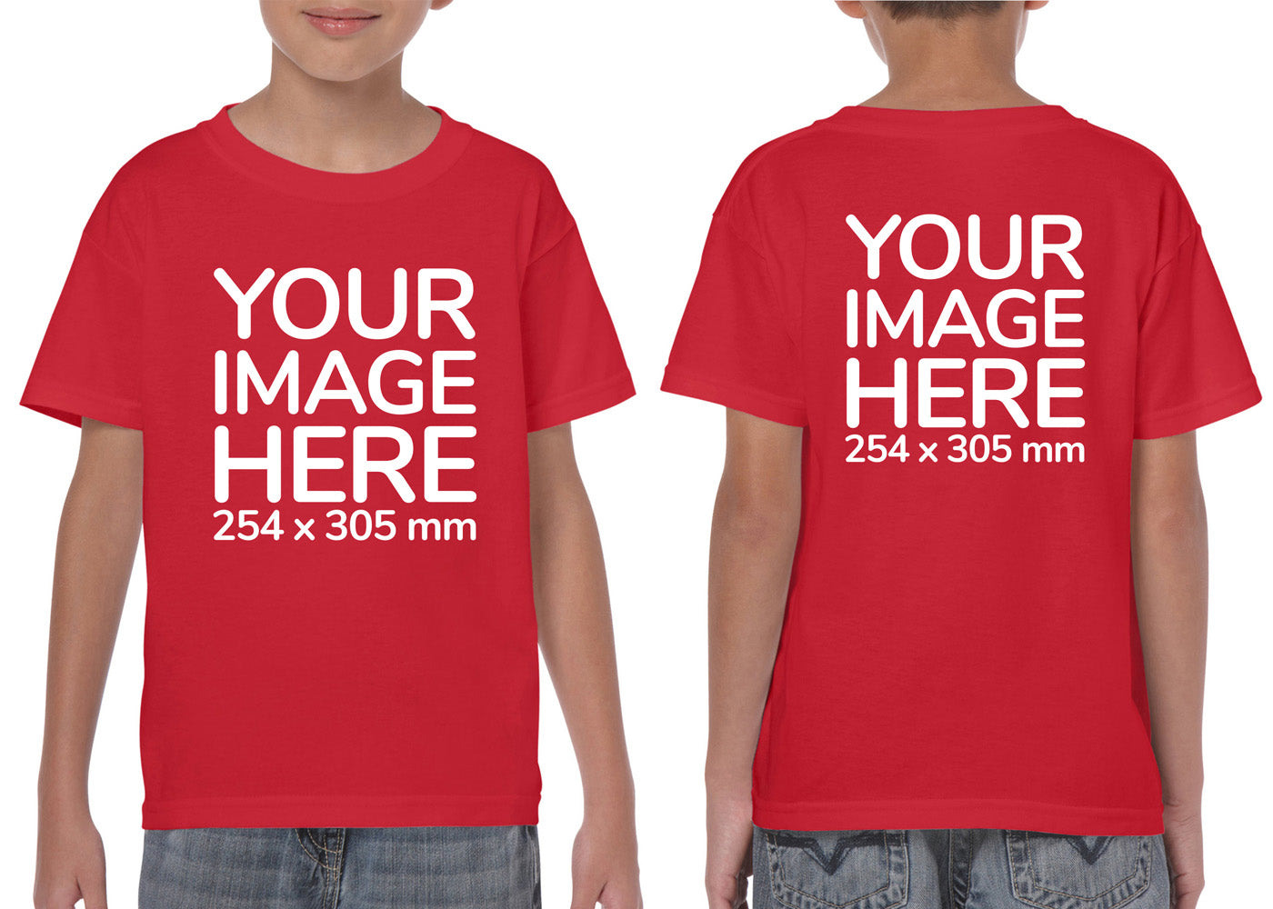 Kid wearing a red T-Shirt, displaying the front and back side, showing a placeholder image indicating that the Custom Tees can be customised with own design on front and back side.