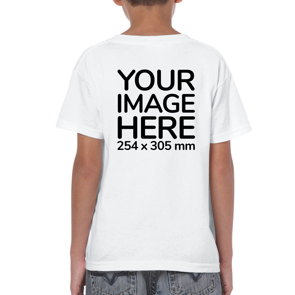 Kid wearing a light blue T-Shirt, displaying the back side, showing a placeholder image indicating that the Custom Tees can be customised with own design or photo on back side.
