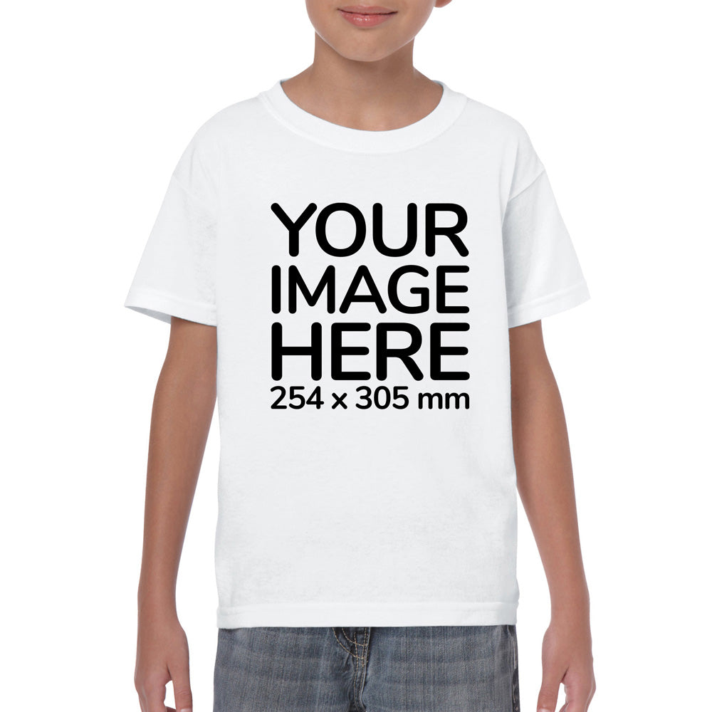 Kid wearing a white T-Shirt, displaying the front side, showing a placeholder image indicating that the Custom Tees can be customised with own design on front side.