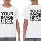 Kid wearing a white T-Shirt, displaying the front and back side, showing a placeholder image indicating that the Custom Tees can be customised with own design on front and back side.
