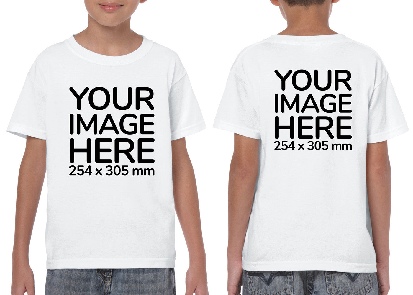 Kid wearing a white T-Shirt, displaying the front and back side, showing a placeholder image indicating that the Custom Tees can be customised with own design on front and back side.