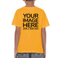 Kid wearing a yellow T-Shirt, displaying the back side, showing a placeholder image indicating that the Custom Tees can be customised with own design or photo on back side.