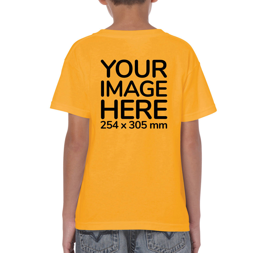 Kid wearing a yellow T-Shirt, displaying the back side, showing a placeholder image indicating that the Custom Tees can be customised with own design or photo on back side.