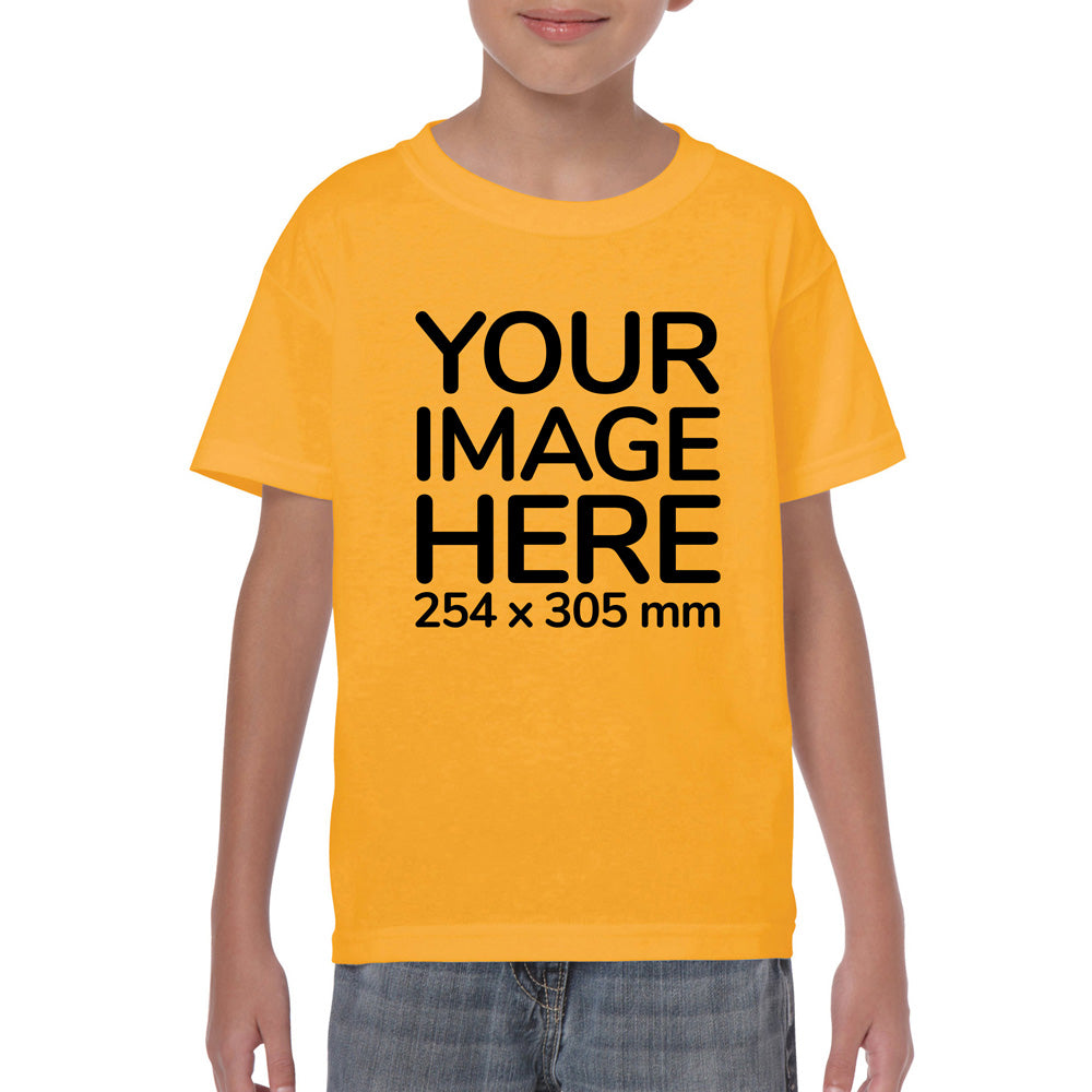 Kid wearing a yellow T-Shirt, displaying the front side, showing a placeholder image indicating that the Custom Tees can be customised with own design on front side.