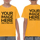 Kid wearing a yellow T-Shirt, displaying the front and back side, showing a placeholder image indicating that the Custom Tees can be customised with own design on front and back side.