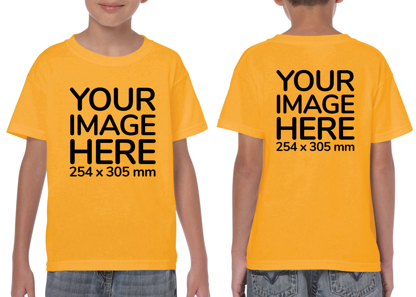 Kid wearing a yellow T-Shirt, displaying the front and back side, showing a placeholder image indicating that the Custom Tees can be customised with own design on front and back side.