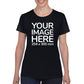 Women wearing a black T-Shirt, displaying the front side, showing a placeholder image indicating that the Custom Tees can be customised with own design on front side.