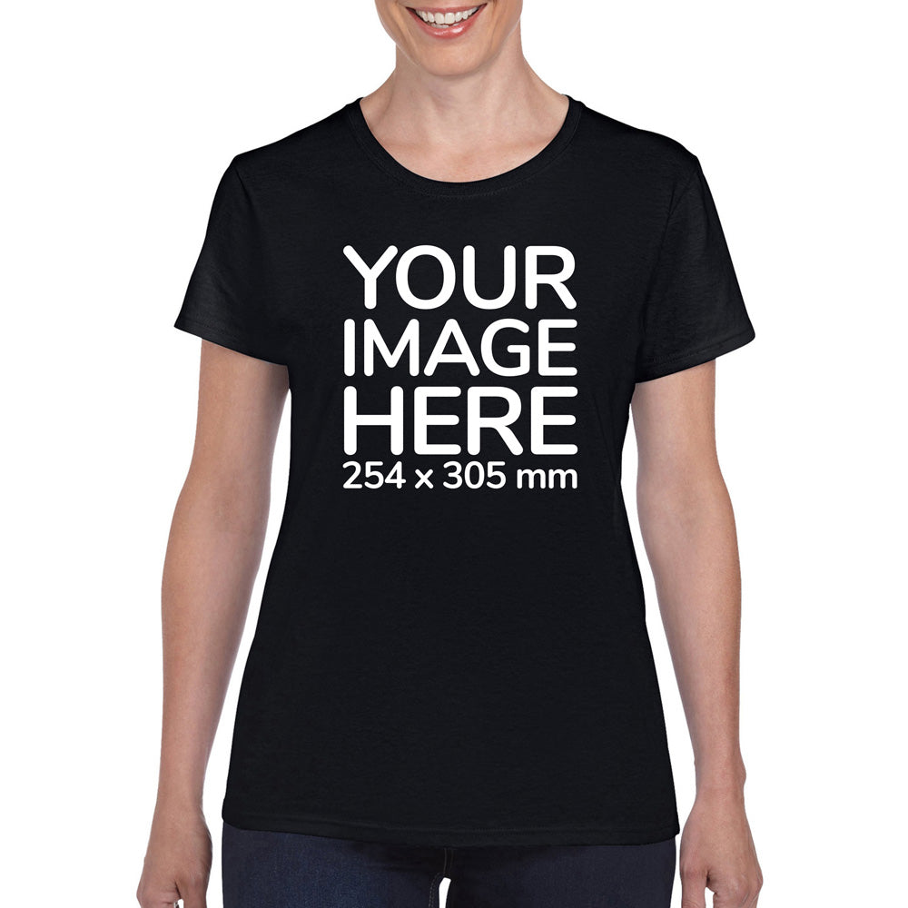 Women wearing a black T-Shirt, displaying the front side, showing a placeholder image indicating that the Custom Tees can be customised with own design on front side.