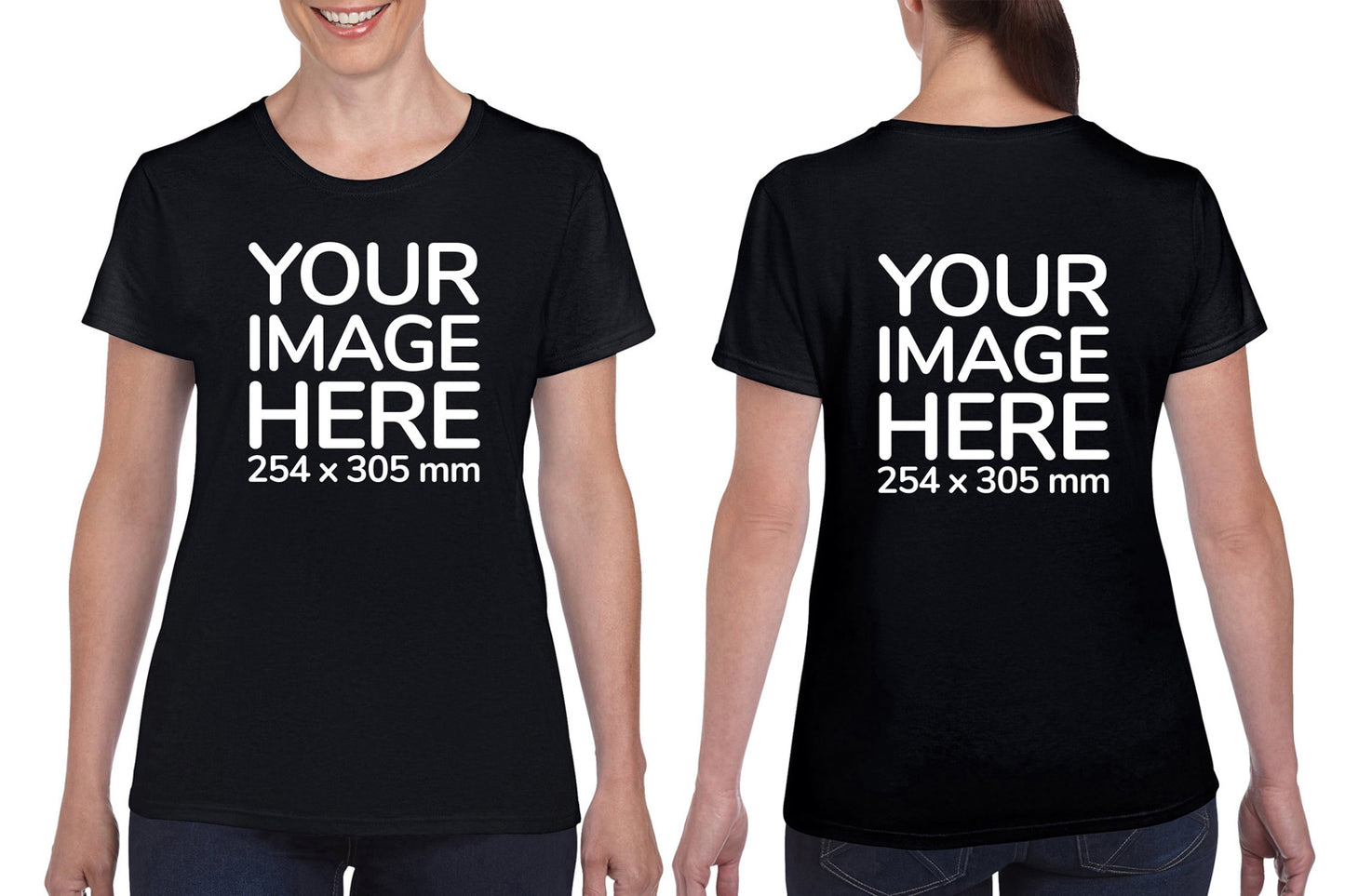 Women wearing a black T-Shirt, displaying from front and back side, showing that the Custom Tees can be customised with own design.