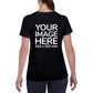 Women wearing a black T-Shirt, displaying the back side, showing a placeholder image indicating that the Custom Tees can be customised with own design on back side.