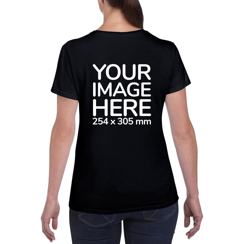 Women wearing a black T-Shirt, displaying the back side, showing a placeholder image indicating that the Custom Tees can be customised with own design on back side.