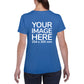 Women wearing a blue T-Shirt, displaying the back side, showing a placeholder image indicating that the Custom Tees can be customised with own design on back side.