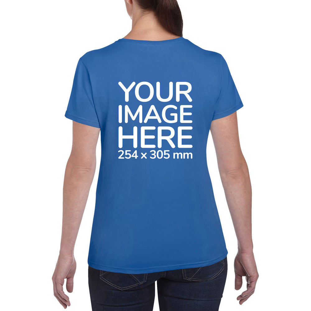 Women wearing a blue T-Shirt, displaying the back side, showing a placeholder image indicating that the Custom Tees can be customised with own design on back side.
