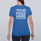 Women wearing a blue T-Shirt, displaying the back side, showing a placeholder image indicating that the Custom Tees can be customised with own design on back side.