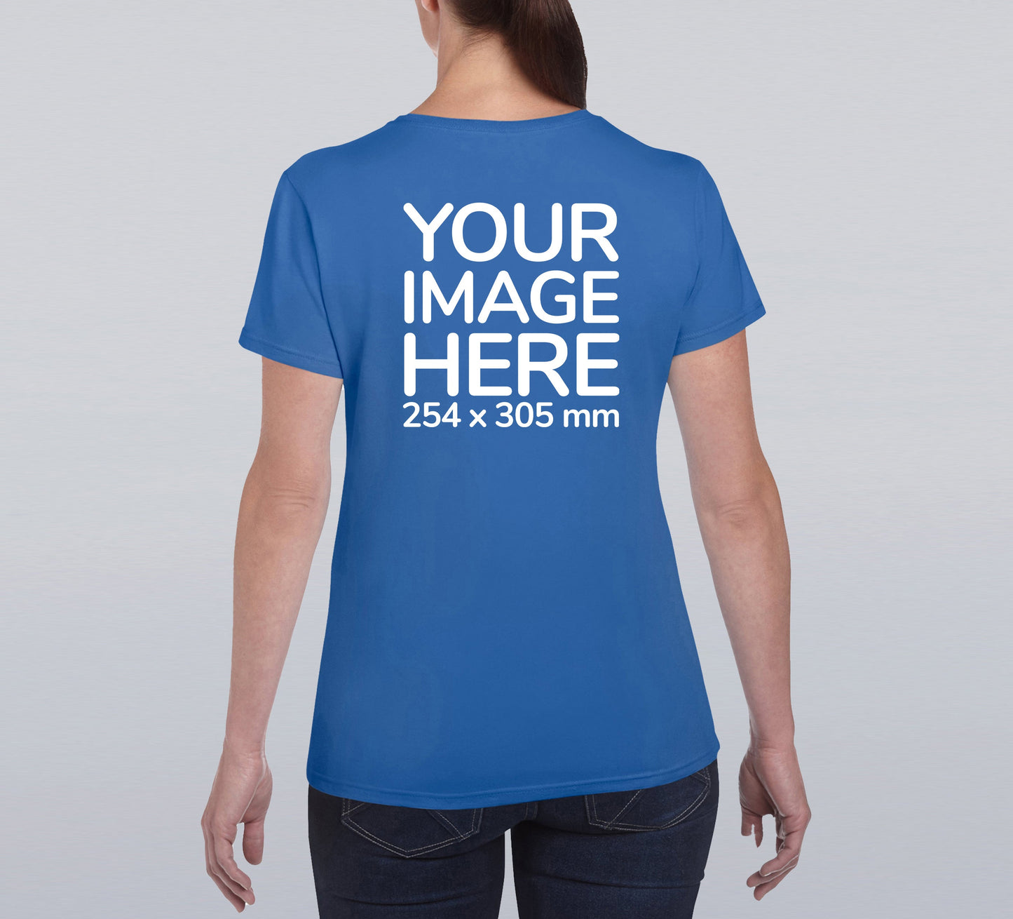 Women wearing a blue T-Shirt, displaying the back side, showing a placeholder image indicating that the Custom Tees can be customised with own design on back side.