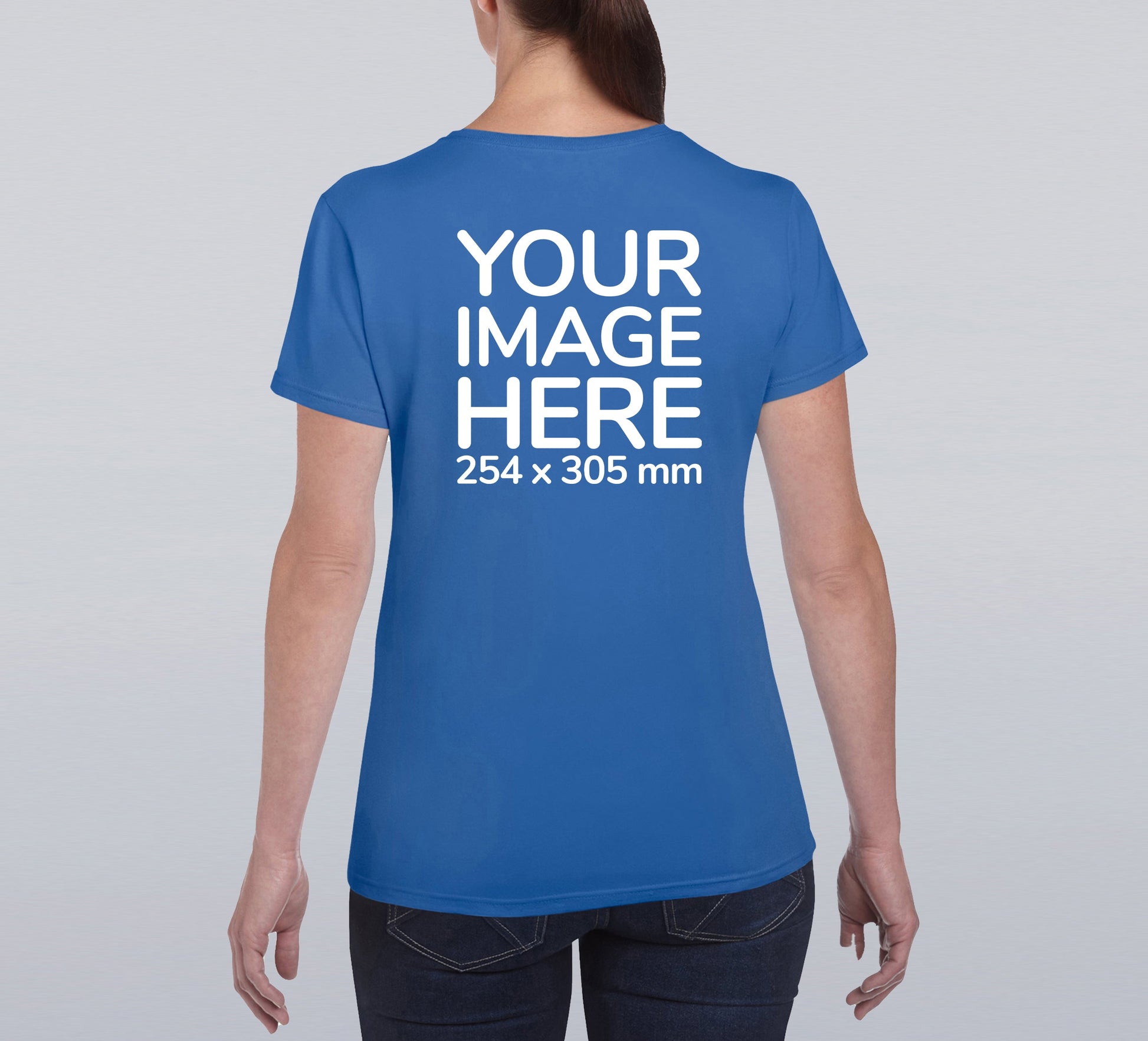 Women wearing a blue T-Shirt, displaying the back side, showing a placeholder image indicating that the Custom Tees can be customised with own design on back side.