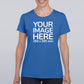 Women wearing a blue T-Shirt, displaying the front side, showing a placeholder image indicating that the Custom Tees can be customised with own design on front side.
