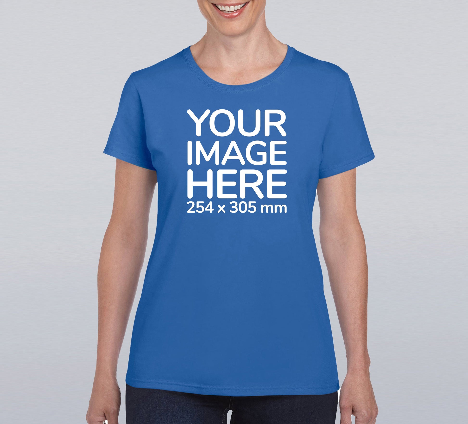 Women wearing a blue T-Shirt, displaying the front side, showing a placeholder image indicating that the Custom Tees can be customised with own design on front side.
