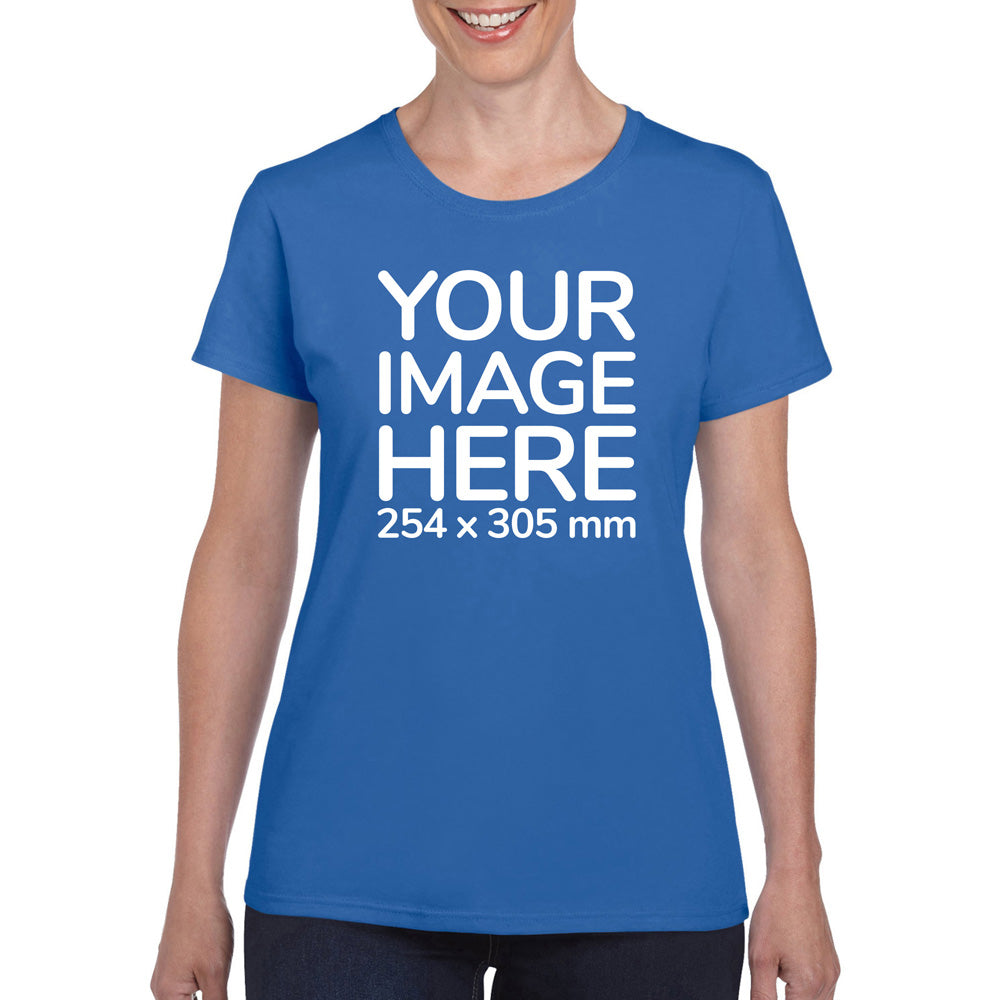 Women wearing a blue T-Shirt, displaying the front side, showing a placeholder image indicating that the Custom Tees can be customised with own design on front side.