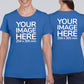 Women wearing a light blue T-Shirt, displaying from front and back side, showing a placeholder image indicating that the Custom Tees can be customised with own design on both sides.