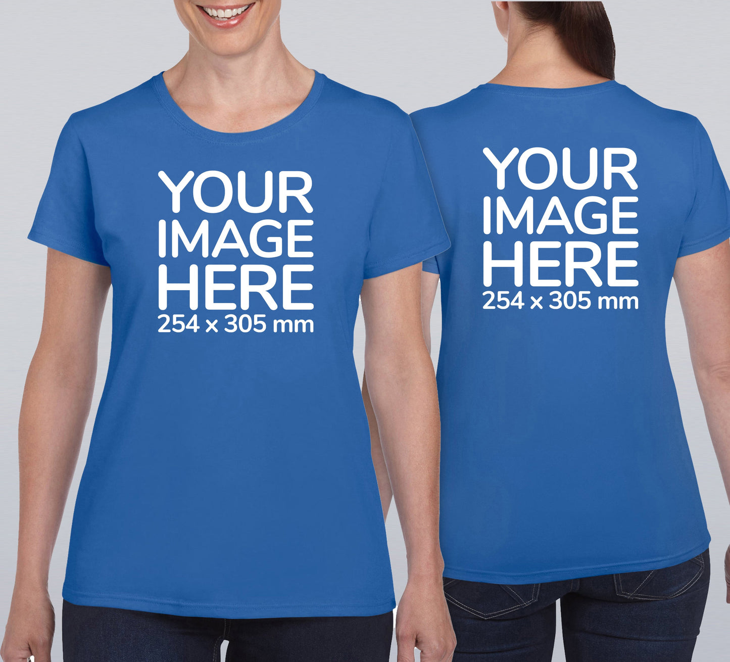 Women wearing a light blue T-Shirt, displaying from front and back side, showing a placeholder image indicating that the Custom Tees can be customised with own design on both sides.