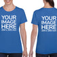 Women wearing a blue T-Shirt, displaying from front and back side, showing that the Custom Tees can be customised with own design.