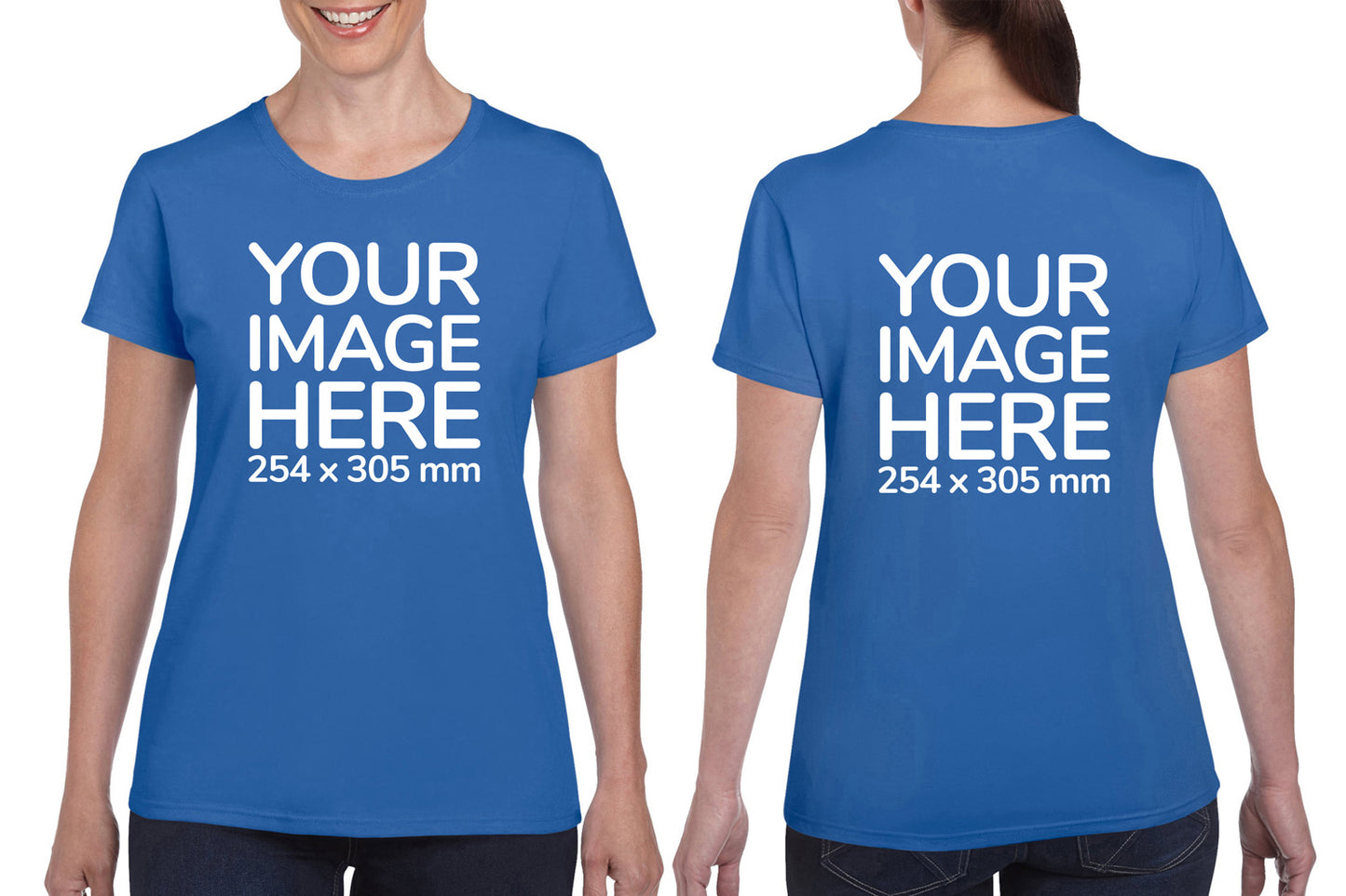 Women wearing a blue T-Shirt, displaying from front and back side, showing that the Custom Tees can be customised with own design.