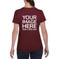 Women wearing a burgundy T-Shirt, displaying the back side, showing a placeholder image indicating that the Custom Tees can be customised with own design on back side.