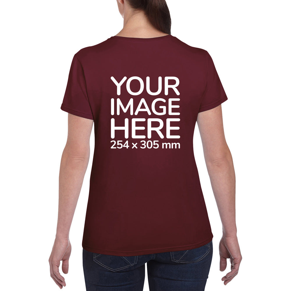 Women wearing a burgundy T-Shirt, displaying the back side, showing a placeholder image indicating that the Custom Tees can be customised with own design on back side.