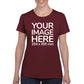 Women wearing a burgundy T-Shirt, displaying the front side, showing a placeholder image indicating that the Custom Tees can be customised with own design on front side.