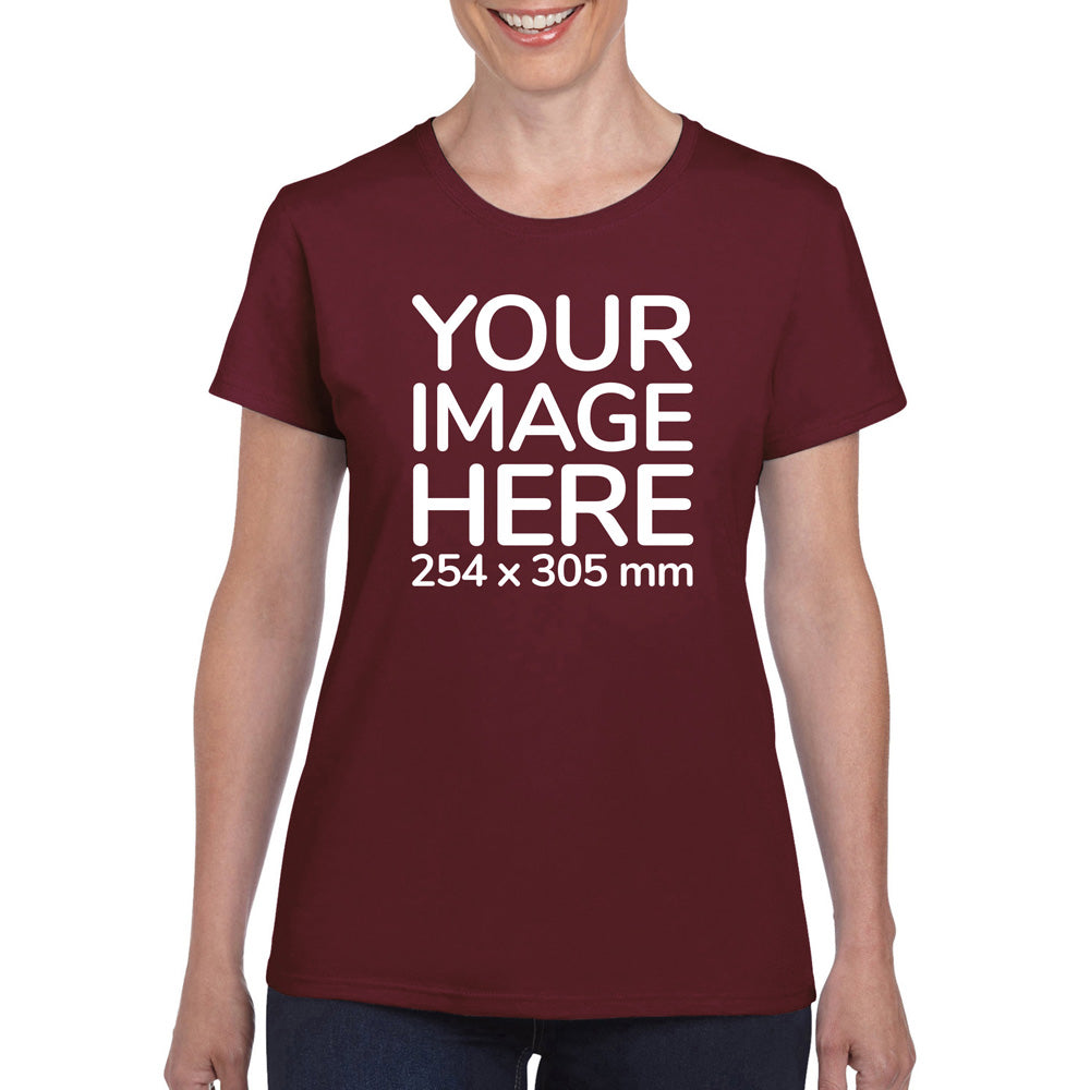 Women wearing a burgundy T-Shirt, displaying the front side, showing a placeholder image indicating that the Custom Tees can be customised with own design on front side.