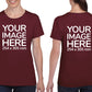Women wearing a burgundy T-Shirt, displaying from front and back side, showing that the Custom Tees can be customised with own design.