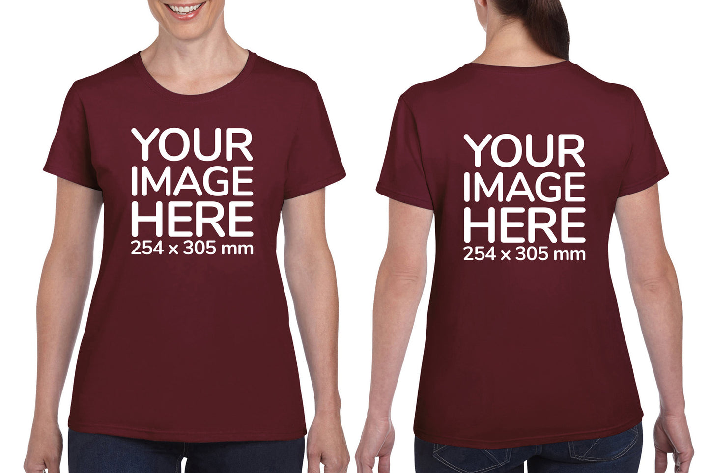 Women wearing a burgundy T-Shirt, displaying from front and back side, showing that the Custom Tees can be customised with own design.