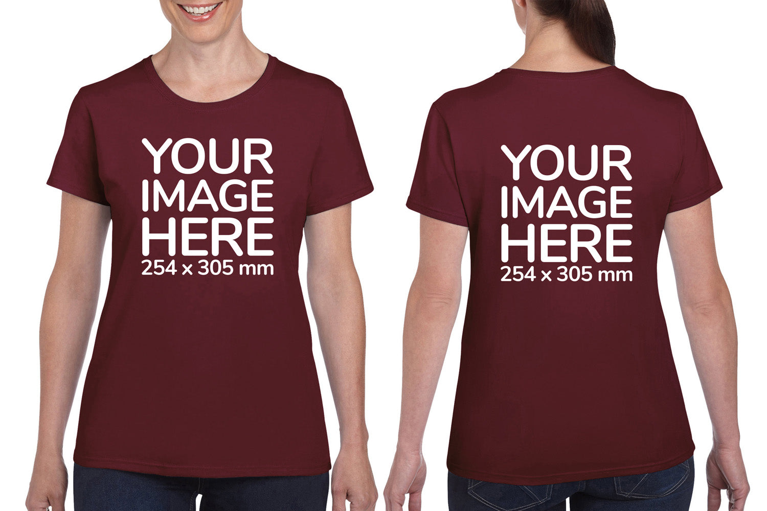 Women wearing a burgundy T-Shirt, displaying from front and back side, showing that the Custom Tees can be customised with own design.