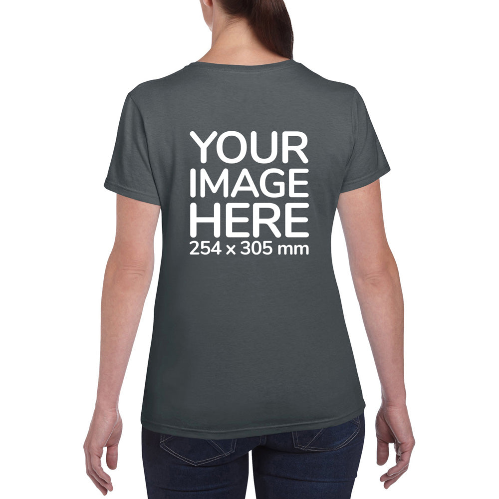 Women wearing a dark gray T-Shirt, displaying the back side, showing a placeholder image indicating that the Custom Tees can be customised with own design on back side.
