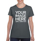 Women wearing a dark gray T-Shirt, displaying the front side, showing a placeholder image indicating that the Custom Tees can be customised with own design on front side.