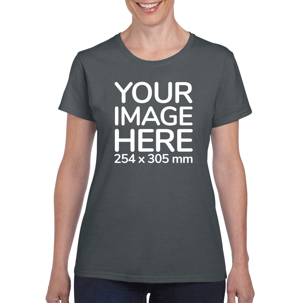 Women wearing a dark gray T-Shirt, displaying the front side, showing a placeholder image indicating that the Custom Tees can be customised with own design on front side.