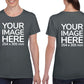 Women wearing a gray T-Shirt, displaying from front and back side, showing that the Custom Tees can be customised with own design.