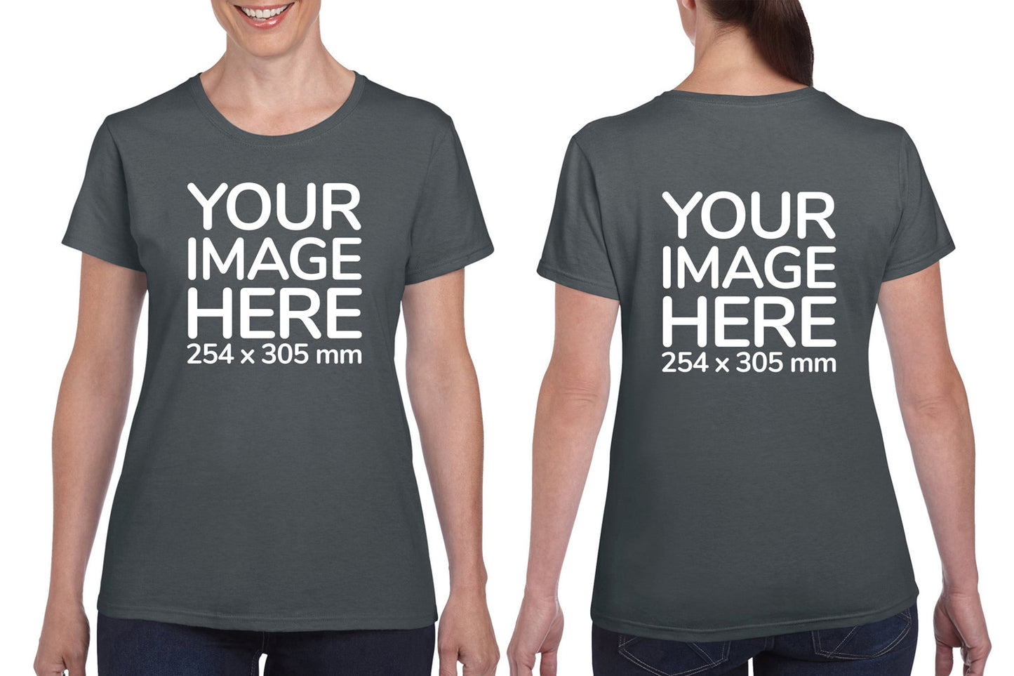 Women wearing a gray T-Shirt, displaying from front and back side, showing that the Custom Tees can be customised with own design.