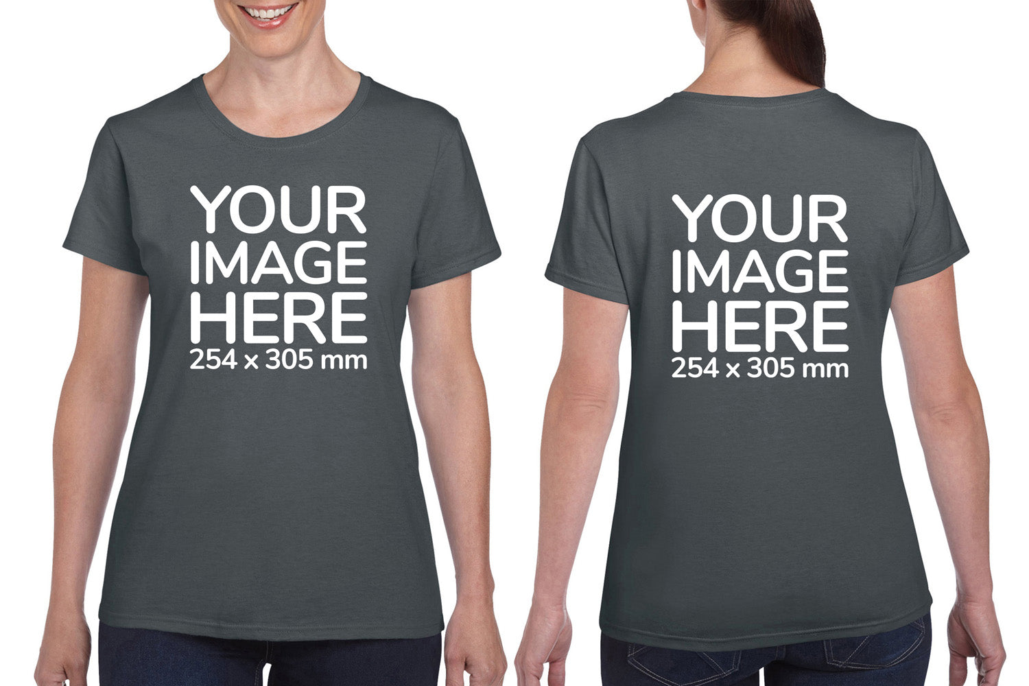 Women wearing a gray T-Shirt, displaying from front and back side, showing that the Custom Tees can be customised with own design.