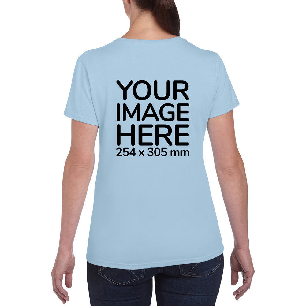 Women wearing a light blue T-Shirt, displaying the back side, showing a placeholder image indicating that the Custom Tees can be customised with own design on back side.
