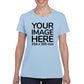 Women wearing a light blue T-Shirt, displaying the front side, showing a placeholder image indicating that the Custom Tees can be customised with own design on front side.