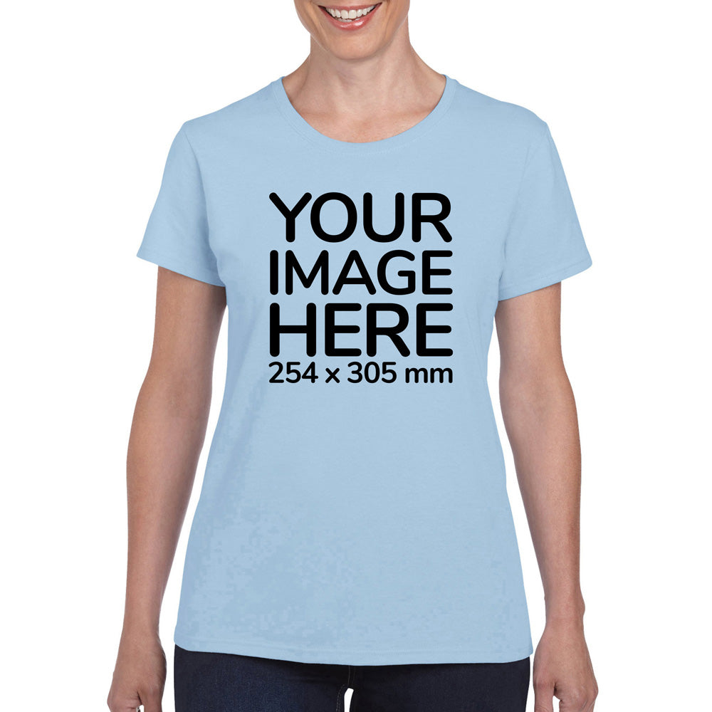 Women wearing a light blue T-Shirt, displaying the front side, showing a placeholder image indicating that the Custom Tees can be customised with own design on front side.